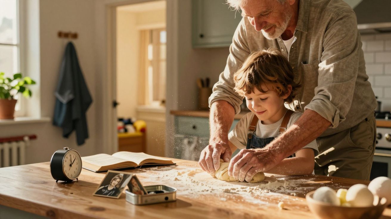 Opa und Enkel backen zusammen in der Küche, kneten Teig auf einem Holztisch, während Sonnenlicht den Raum erhellt.