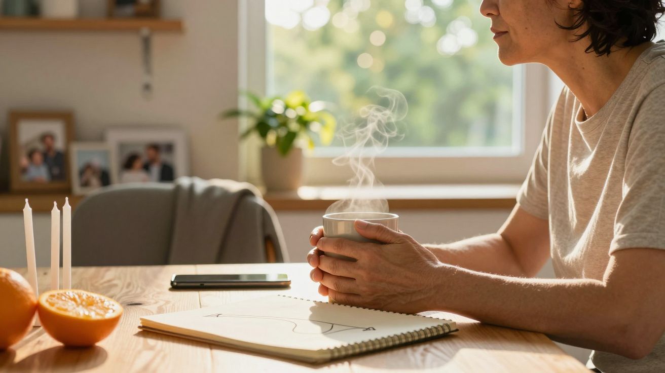 Person sitzt am Tisch mit Tasse Kaffee, Notizbuch und Orangen. Sonnenlicht scheint durch Fenster.