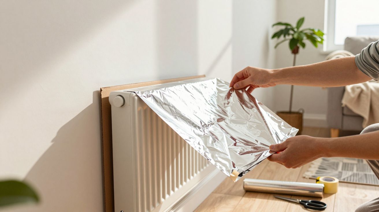 Person befestigt Alufolie hinter einem Heizkörper in einem hellen Raum mit Pflanze im Hintergrund.