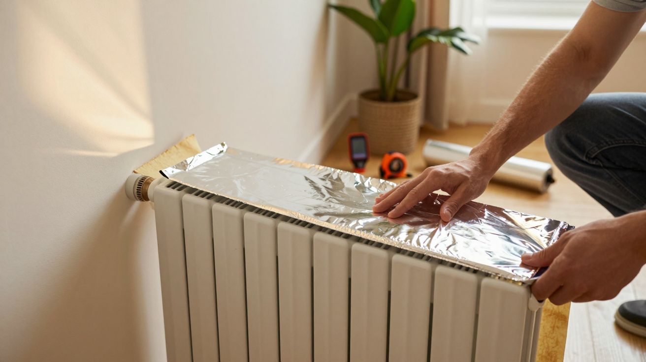 Person legt Aluminiumfolie hinter einen Heizkörper, um Wärme zu reflektieren. Im Hintergrund eine Pflanze und Werkzeuge.
