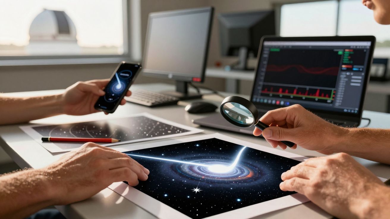 Zwei Personen analysieren Weltraumbilder und Grafiken an Computern und Smartphones im Büro einer Sternwarte.