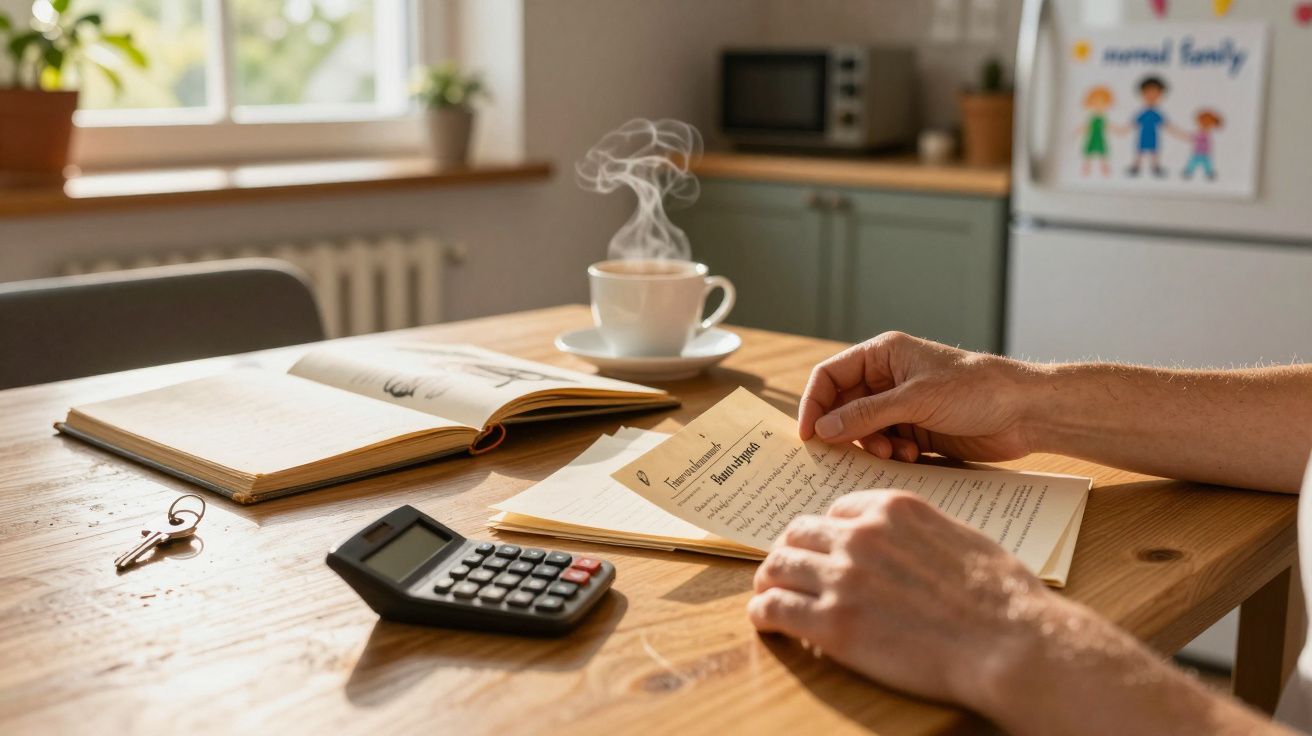 Person überprüft Rechnungen am Tisch mit Taschenrechner, Kaffee und Büchern in gemütlicher Küchenszene.