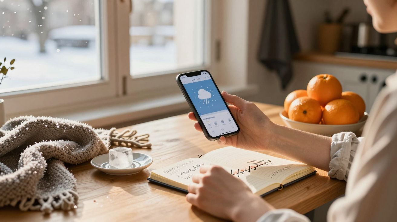 Person hält Smartphone mit Wetter-App in Küche, schreibt Notizen, Sonnenlicht fällt auf Tisch mit Orangen und Strickdecke.