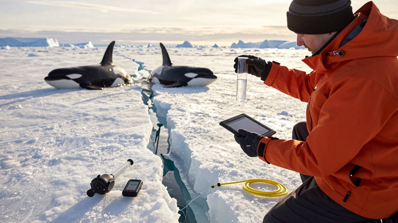 Forscher nimmt Proben auf arktischer Eisscholle, während zwei Orcas in der Nähe durchs Eis schauen.