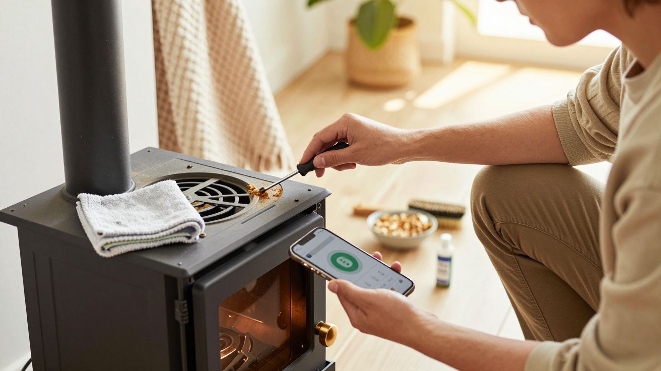 Person überwacht mit Smartphone und Thermometer die Temperatur eines Holzofens in einem gemütlichen Raum.