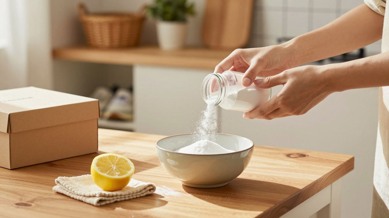 Person gießt Pulver aus Glas in Schüssel, daneben halbe Zitrone und Karton auf Holztisch in Küche.