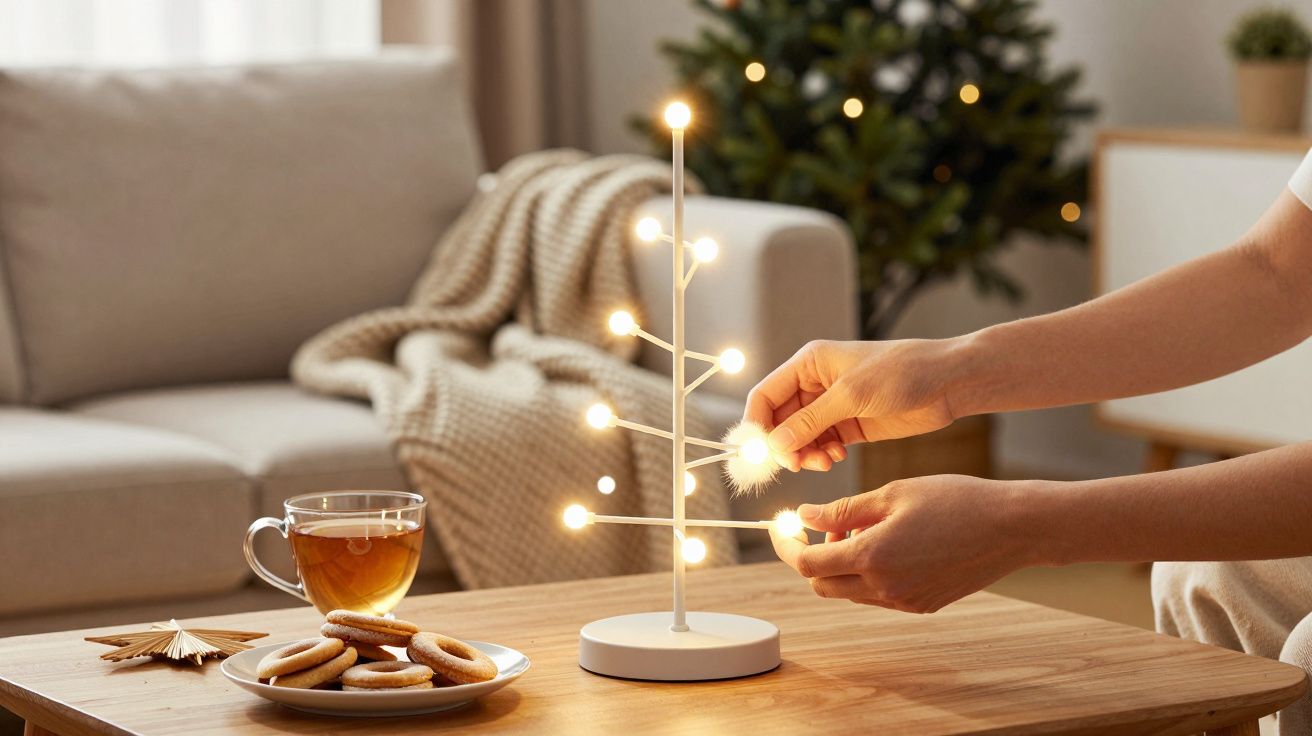 Person schmückt kleinen, leuchtenden Baum auf Holztisch mit Tee und Keksen, Hintergrund mit Sofa und Weihnachtsbaum.