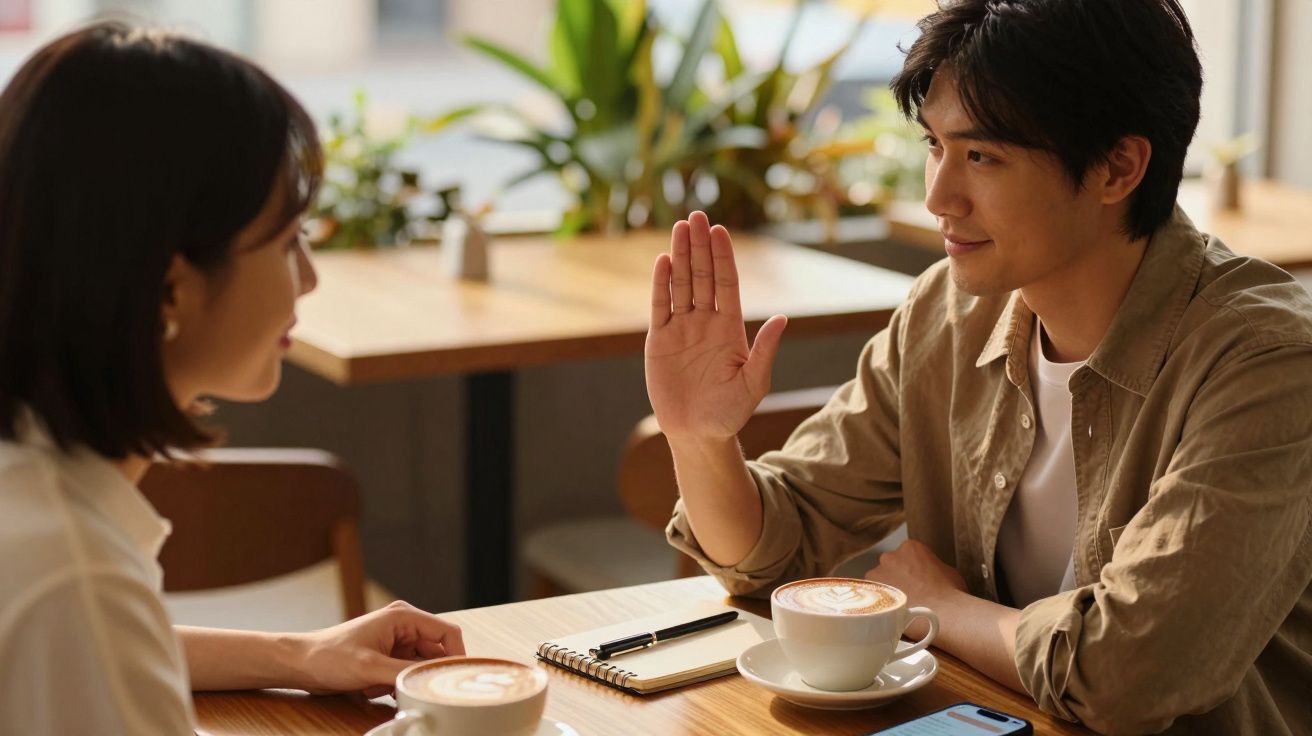 Zwei Personen unterhalten sich in einem Café bei Kaffee, Notizbuch und Smartphone auf dem Tisch.