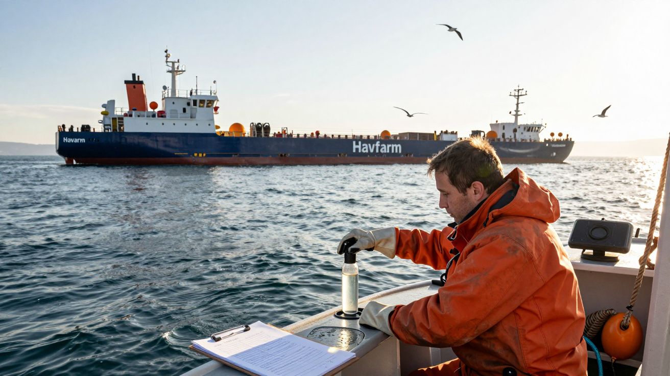 Ein Forscher auf einem Boot entnimmt eine Wasserprobe, im Hintergrund ein großes Schiff und fliegende Möwen.