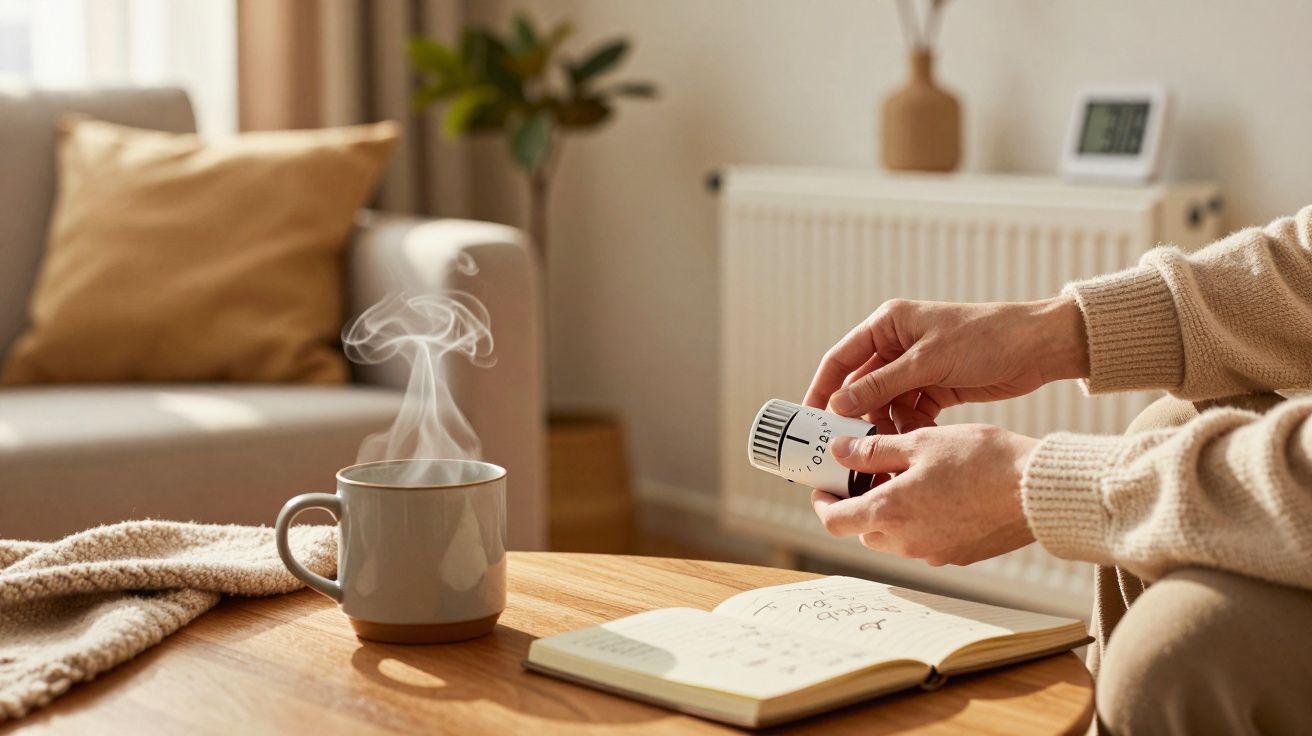 Person hält Thermostatventil, daneben Tee und Notizbuch auf Holztisch im Wohnzimmer.