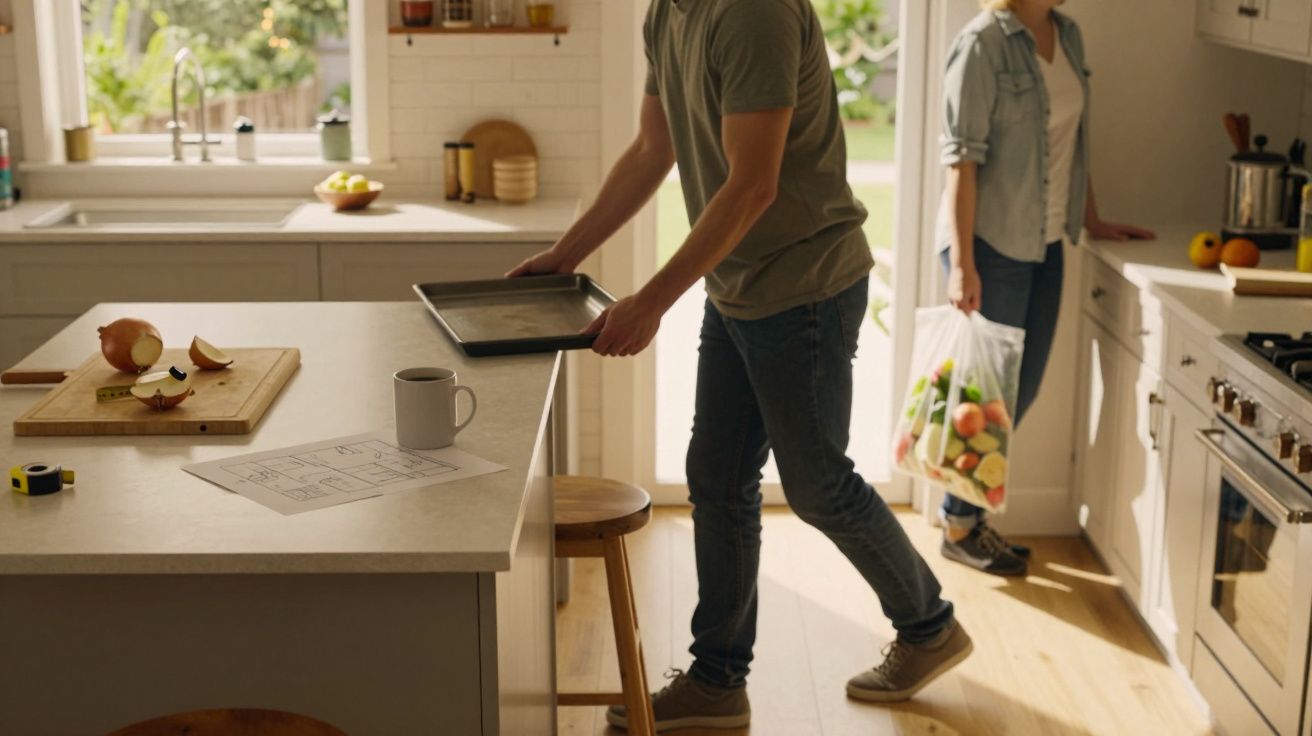 Mann und Frau in heller Küche, Mann hält Backblech, Frau mit Einkaufstasche, Obst und Tasse auf Arbeitsplatte.