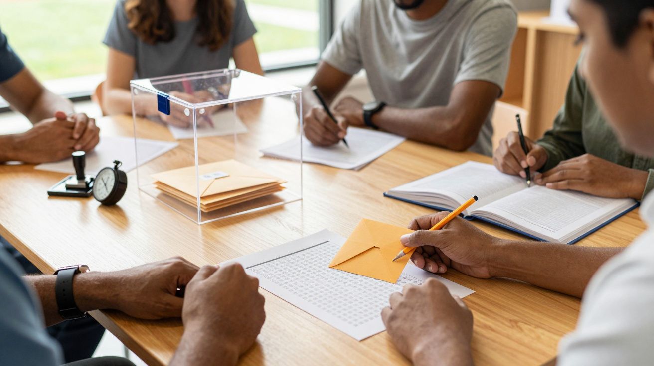 Gruppe von Menschen bei einer Diskussion am Tisch, Umschläge und Wahlurne in der Mitte.