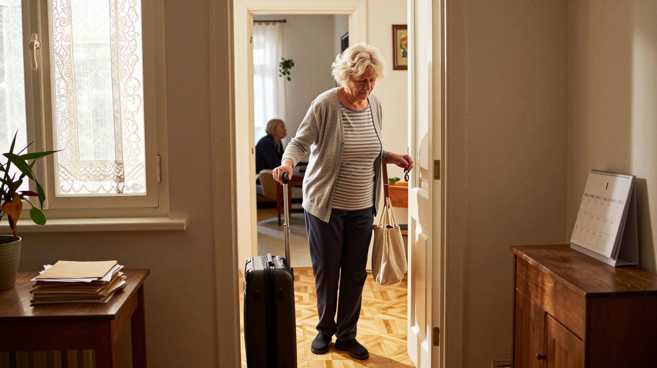 Ältere Frau mit Koffer und Tasche betritt Raum, Hintergrund unscharf, Sonnenlicht durch Fenster, Holzboden.