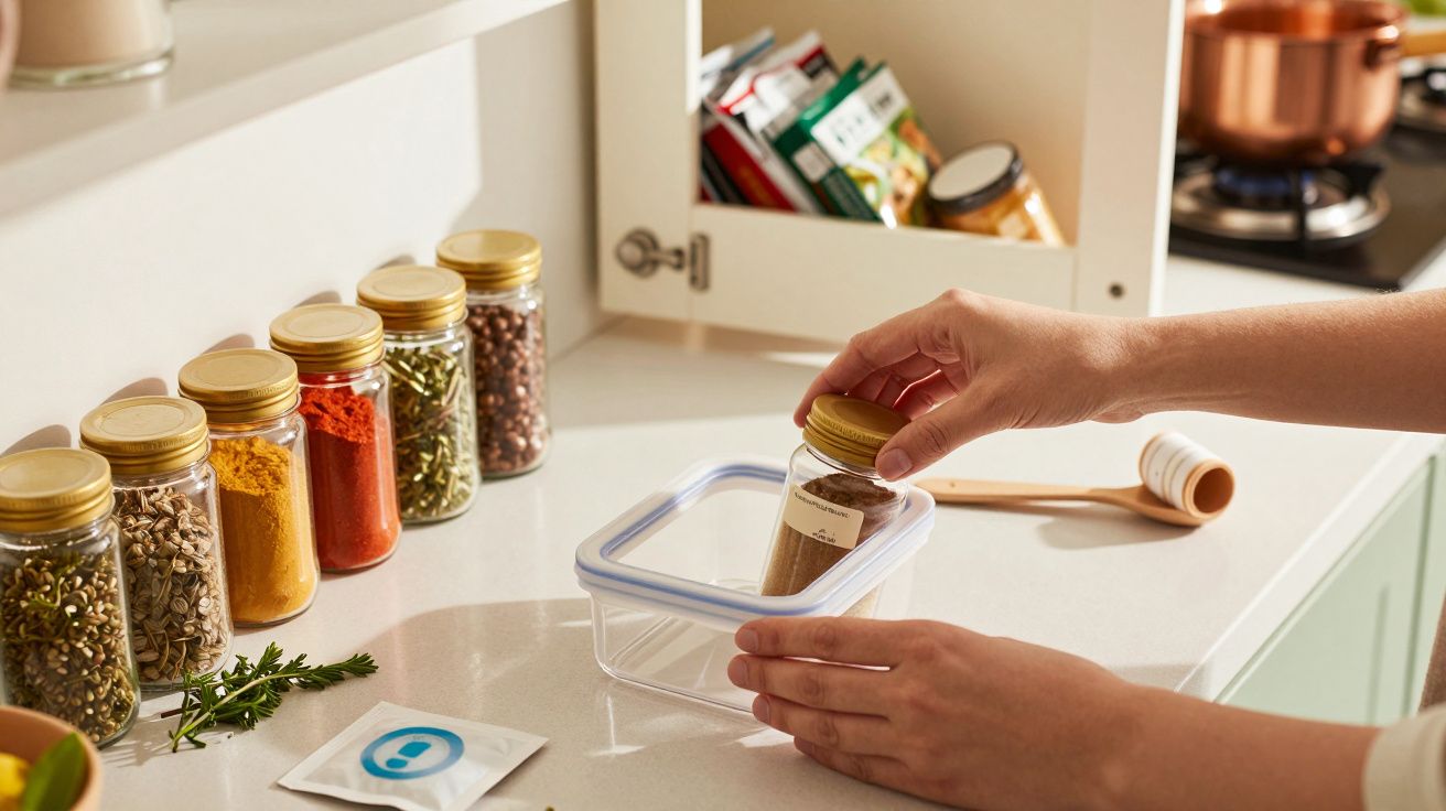 Person füllt Gewürz in eine Plastikdose, umgeben von anderen Gewürzgläsern in einer Küche.