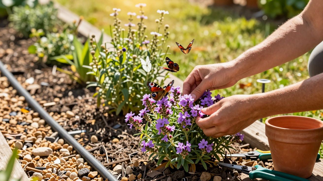 Hände pflegen blühende Blumen im Garten, umgeben von flatternden Schmetterlingen.