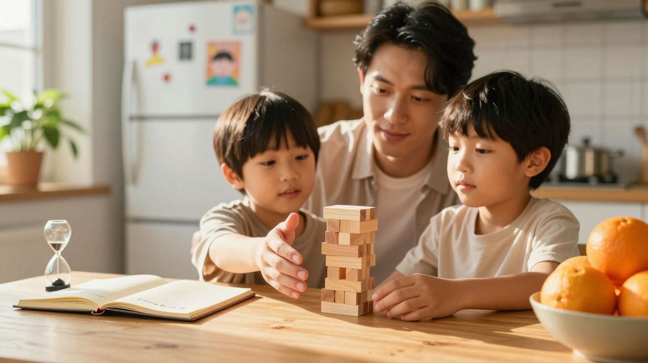 Vater spielt mit zwei Kindern ein Holzklötzchen-Spiel am Küchentisch, neben ihnen liegen ein Buch und ein Stundenglas.