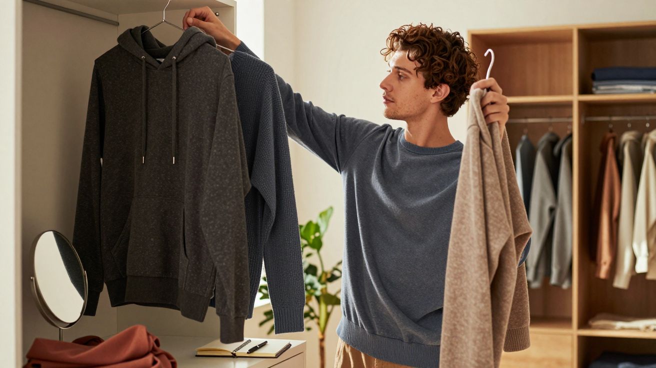 Ein Mann steht vor einem offenen Kleiderschrank und hält einen grauen Pullover und einen beigen Pullover in der Hand.