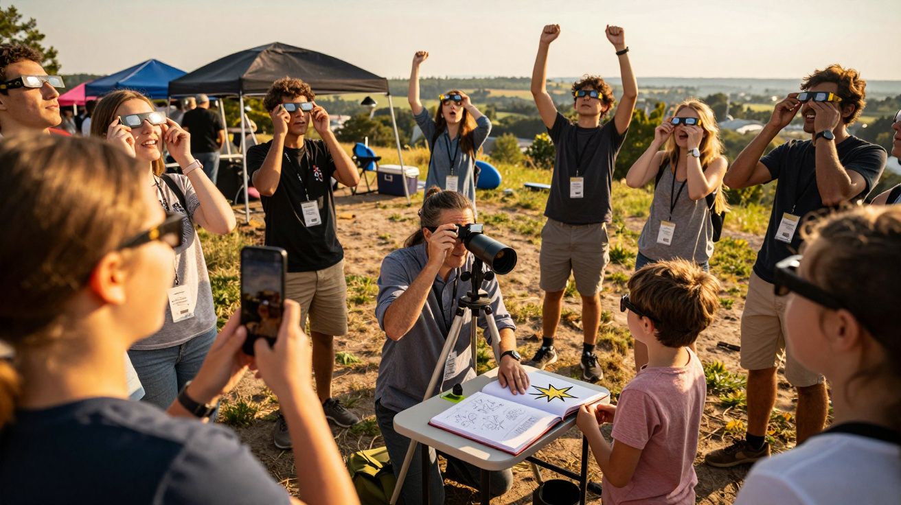 Menschen auf einem Feld mit Schutzbrillen beobachten gespannt den Himmel während einer Sonnenfinsternis.