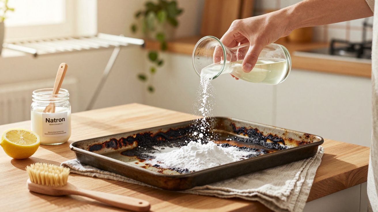Hand schüttet Flüssigkeit auf Natron in verschmutztem Backblech; Zitrone und Bürste daneben.