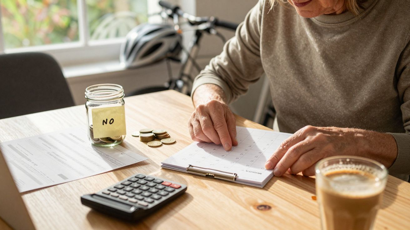Eine Frau überprüft einen Kalender am Tisch mit einem Taschenrechner, Münzen und einem Glas Kaffee.