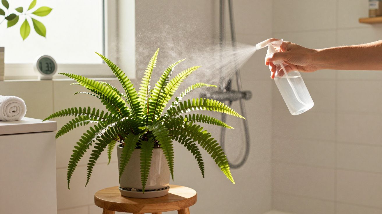 Hand sprüht Wasser auf Farn in Blumentopf auf Hocker im Badezimmer.