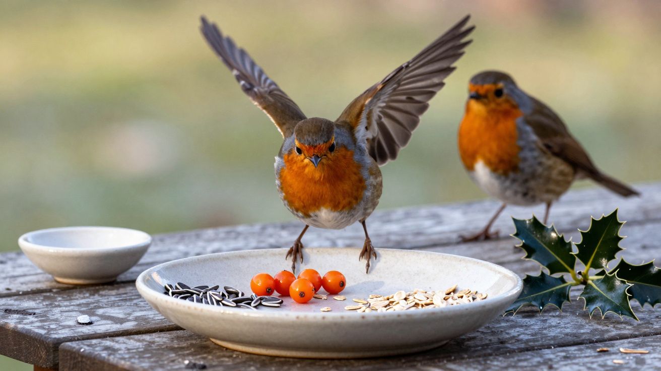 Zwei Rotkehlchen auf einem Tisch, eines fliegt über einen Teller mit Beeren und Samen, während das andere zusieht.