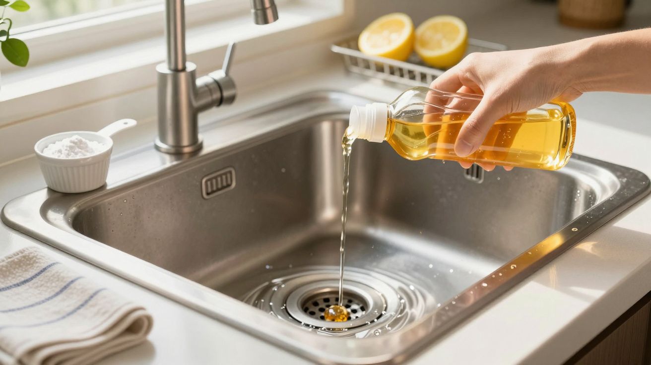 Hand gießt Reinigungsmittel in das Abflussrohr einer Küchenspüle neben Zitronen und Natron.