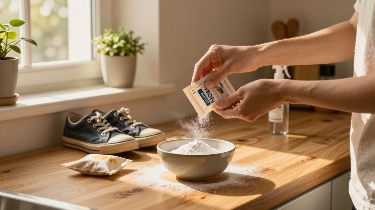 Person schüttet Natron in eine Schüssel auf einem Holztisch neben Turnschuhen und Pflanzen.