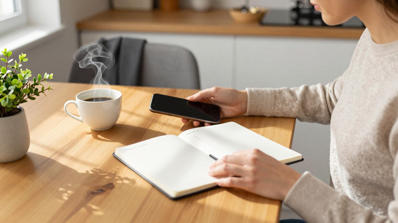 Person sitzt an einem Tisch mit Handy, Notizbuch und Kaffeetasse, daneben eine Pflanze.