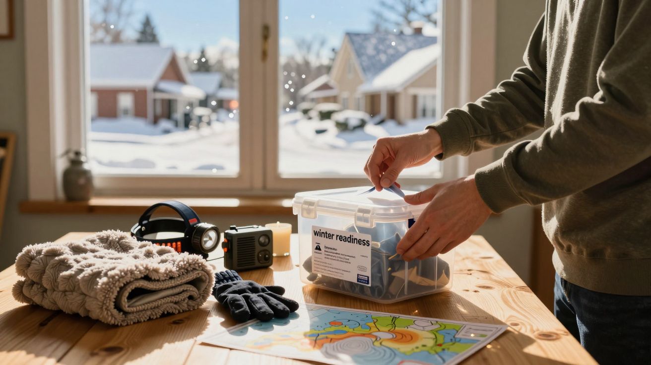 Mann bereitet Winterset auf Holztisch vor: Decken, Handschuhe, Radio und Karte. Verschneite Häuser im Hintergrund.