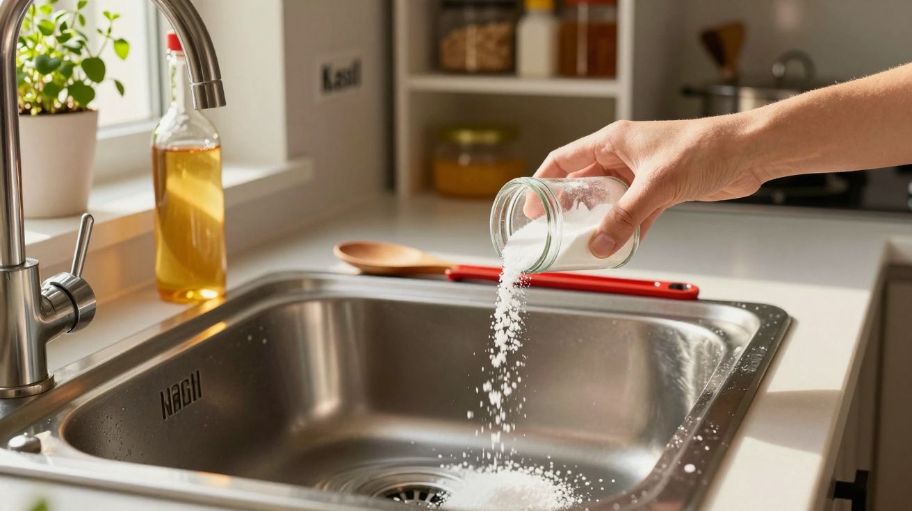 Hand schüttet Salz in eine Edelstahlspüle; Küche im Hintergrund mit Ölflasche, Holzlöffel.