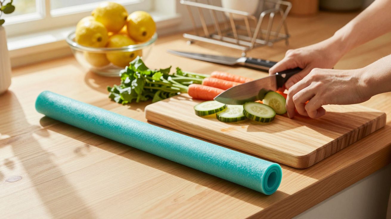 Hände schneiden Gurken auf einem Holzbrett, daneben eine Schüssel mit Zitronen und eine blaue Schwimmnudel auf dem Tisch.