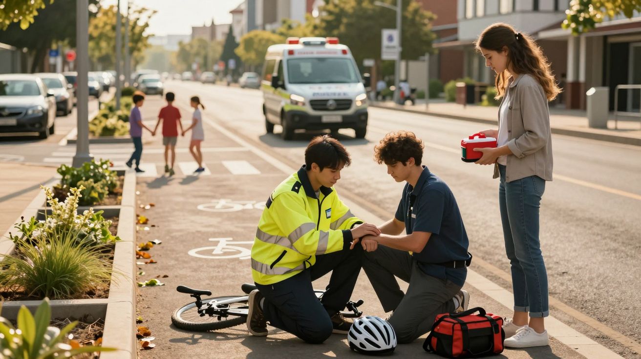 Sanitäter helfen einem verletzten Radfahrer auf einem Radweg, während eine Frau mit Erste-Hilfe-Set daneben steht.