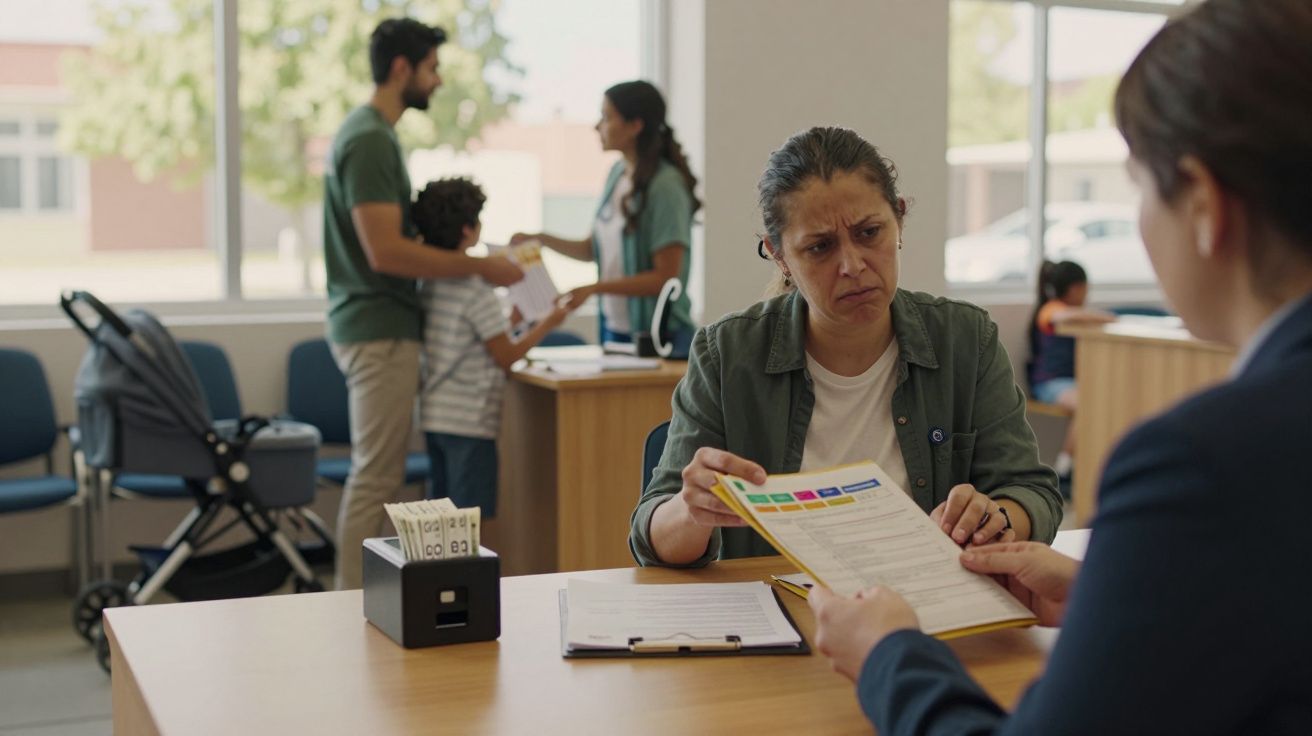 Frau diskutiert an einem Schalter mit einer Beraterin, im Hintergrund Eltern mit Kind beim Gespräch, Kinderwagen links.
