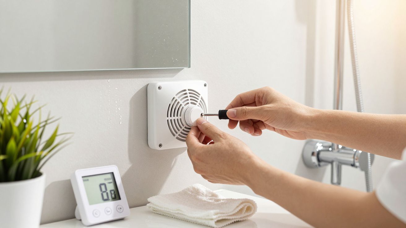 Person repariert einen Lüfter im Bad mit Schraubendreher; im Vordergrund Handtuch und Digitalanzeige auf Waschbecken.