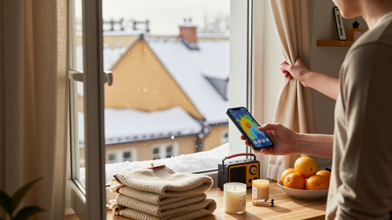 Person hält Smartphone mit Wetter-App am Fenster, draußen schneebedeckte Dächer; Kerzen und Orangen auf Tisch.