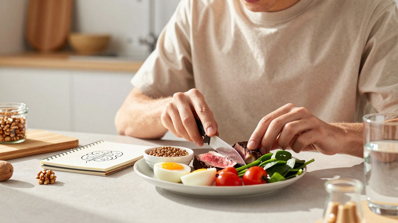 Person schneidet Fleisch auf einem Teller, umgeben von Spinat, Tomaten, gekochtem Ei und Linsen.