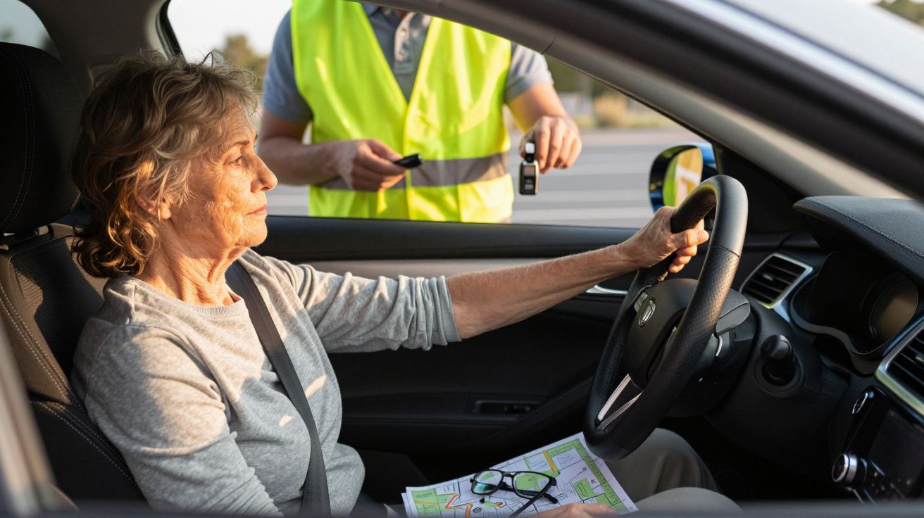 Ältere Frau am Steuer, hält Karte im Schoß, während ein Mann in Warnweste draußen mit Autoschlüssel steht.