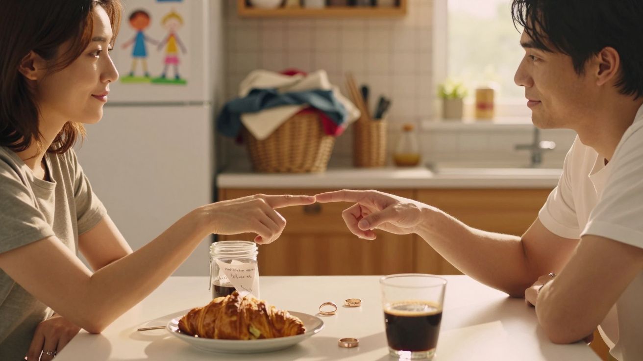 Ein Paar sitzt in der Küche, berührt sich mit den Fingern, mit Croissants und Kaffee auf dem Tisch.