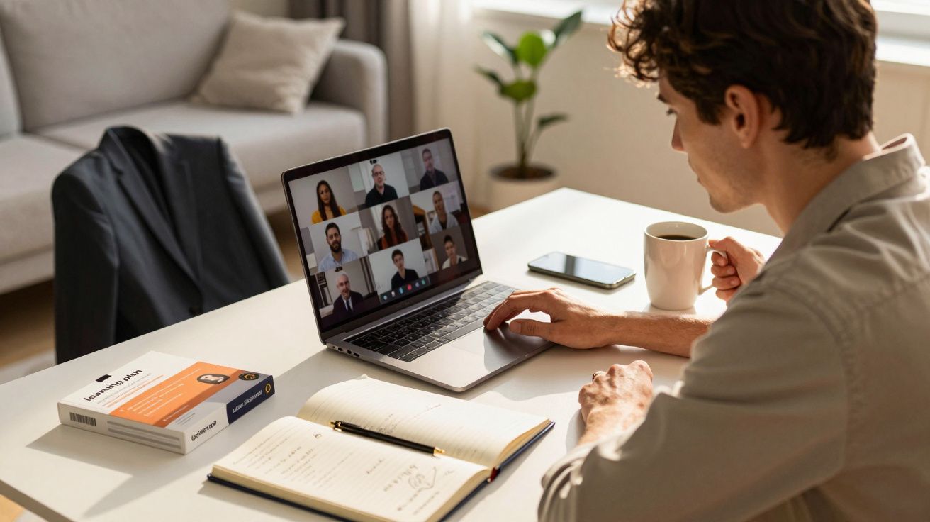 Mann bei Videokonferenz mit Laptop, daneben Kaffeetasse, Notizbuch und Smartphone auf dem Tisch.