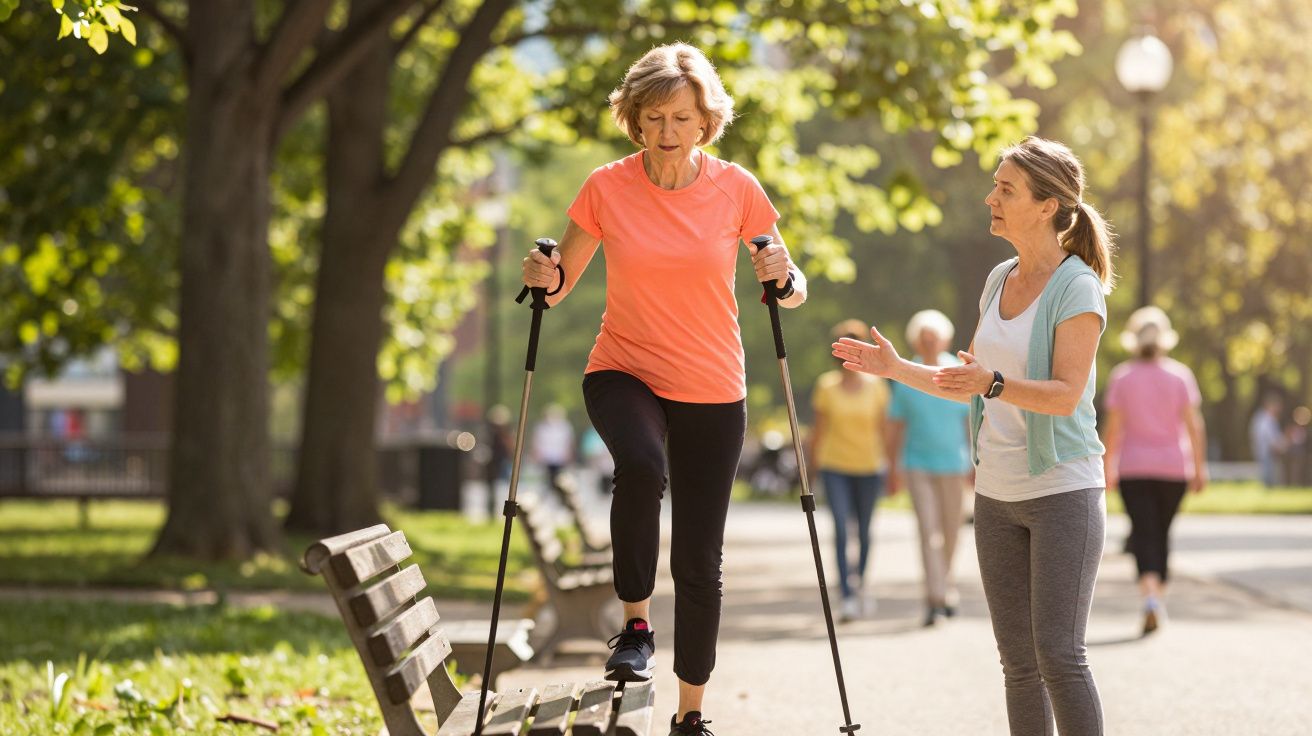 Ältere Frau macht Nordic Walking-Übung im Park, eine weitere Frau steht daneben und spricht mit ihr.