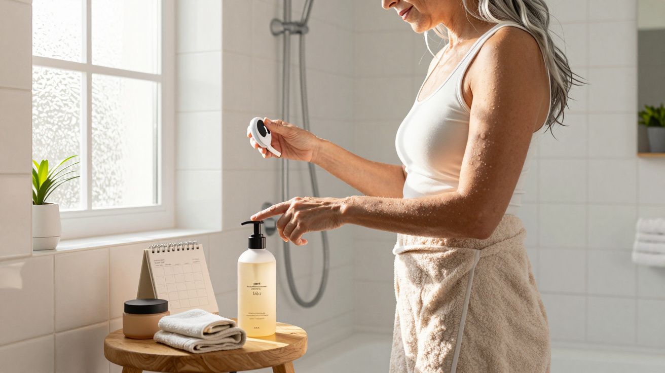 Frau im Bad, bereit zur Körperpflege, hält Produkt in der Hand. Duschkopf, Handtuch und Pflanze im Hintergrund.