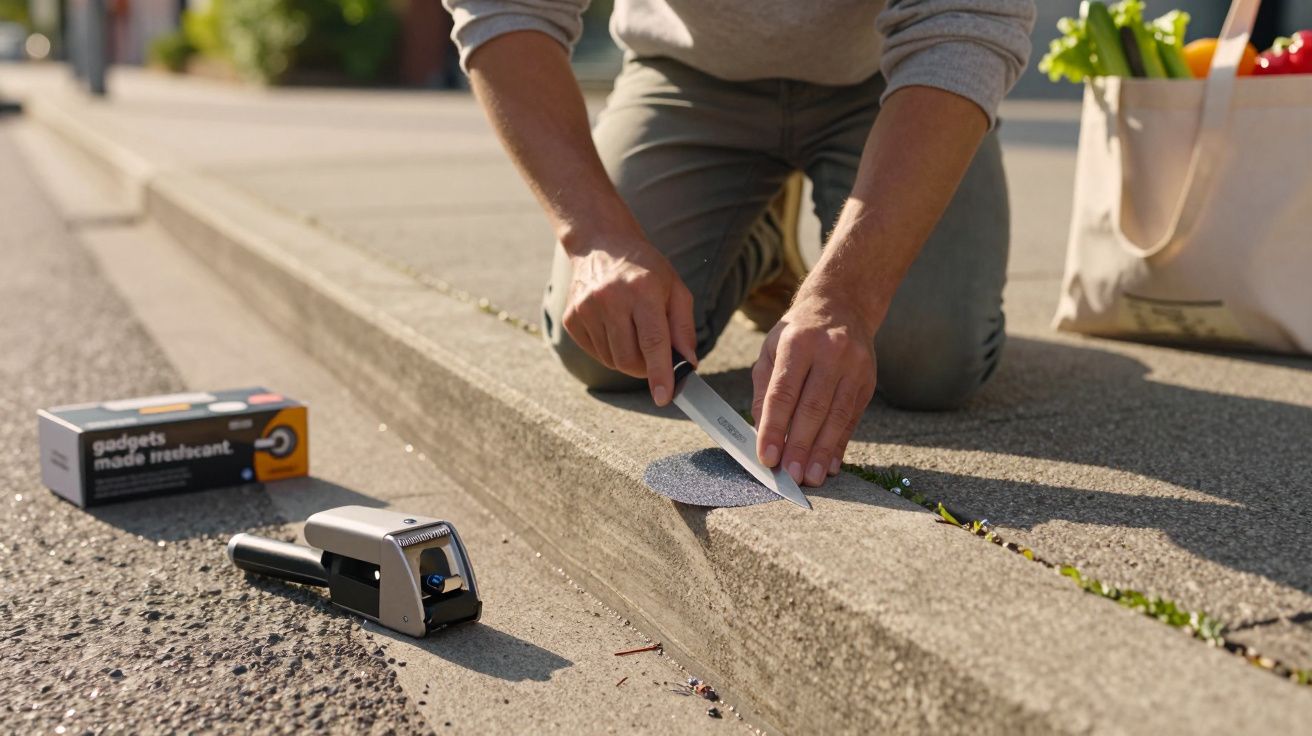 Person schleift Messer an Bordstein, nah bei kleinen Werkzeugen. Einkaufsbeutel mit Gemüse im Hintergrund.