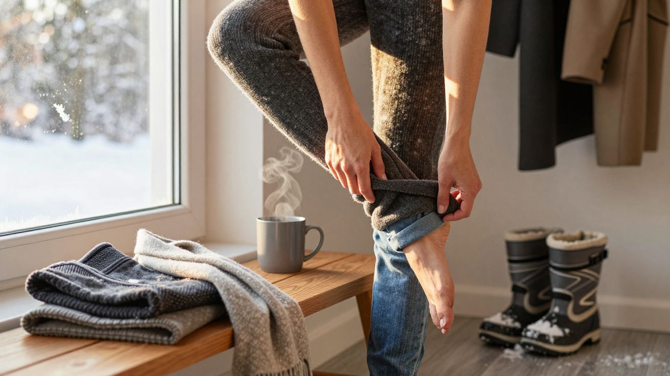 Eine Person zieht warme Socken an, sitzt auf einer Bank neben einem Fenster, mit Tee und Winterstiefeln.