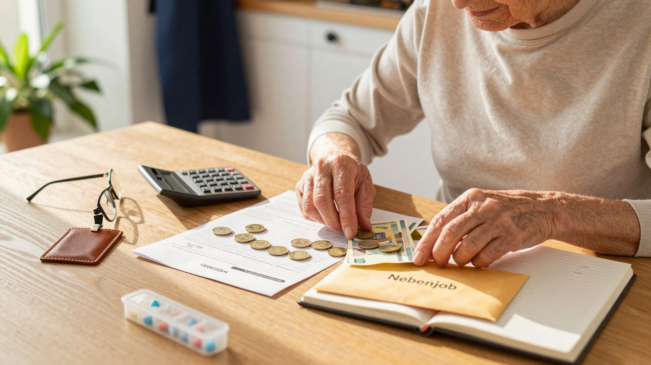 Ältere Person zählt Geld auf Tisch mit Taschenrechner, Brille und Umschlag mit Aufschrift "Nebenjob".