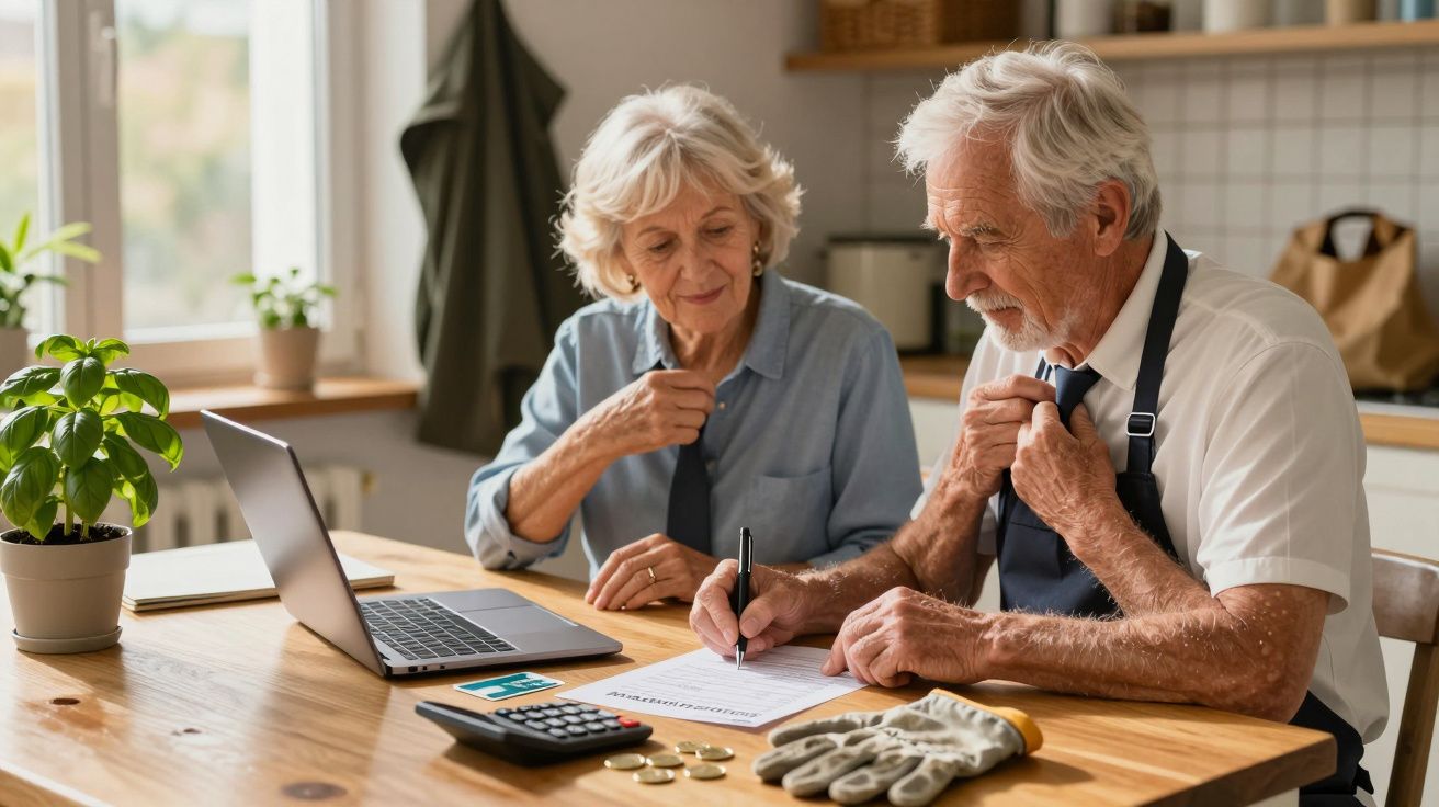 Älteres Paar am Tisch, prüft Dokumente, mit Laptop, Taschenrechner und Münzen.