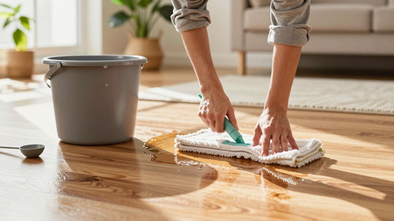 Person wischt verschüttetes Wasser vom Holzboden; daneben ein grauer Eimer. Heller Raum mit Pflanzen im Hintergrund.
