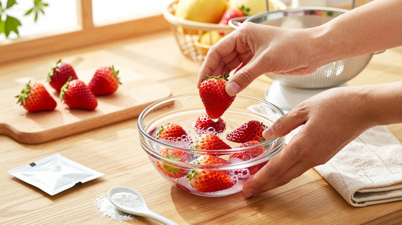 Hände waschen Erdbeeren in einer Glasschüssel auf einem Holztisch, mit weiteren Erdbeeren und Küchengeräten im Hintergrund.