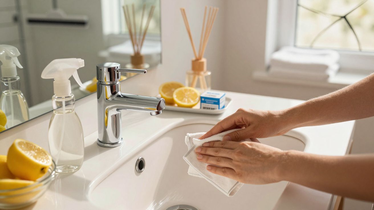 Person reinigt Waschbecken im Badezimmer mit Tuch, Zitronen und Reinigungsmittel auf der Ablage.