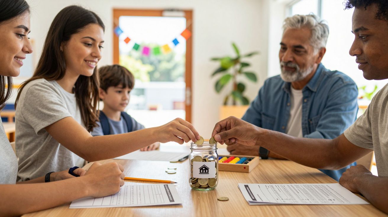 Familie am Tisch spart Geld in einem Glas mit Haus-Symbol, fröhliche Atmosphäre.